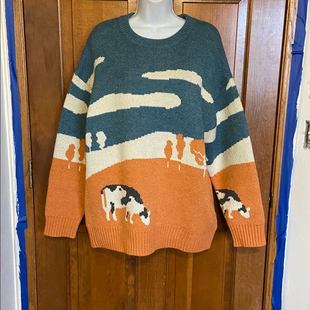 Aelfric Eden “Cow In Pasture” Prairie knit Sweater UNISEX Whimsical Size X Large - Picture 2 of 8